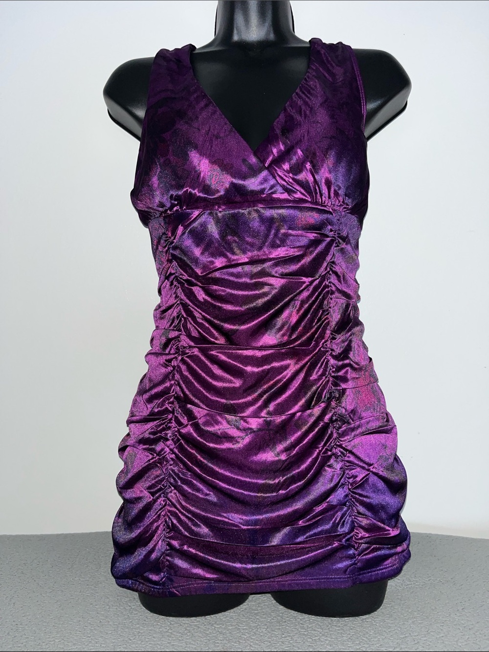 Studio Y Shiny Purple Ruched V-Neck Top for Night Club